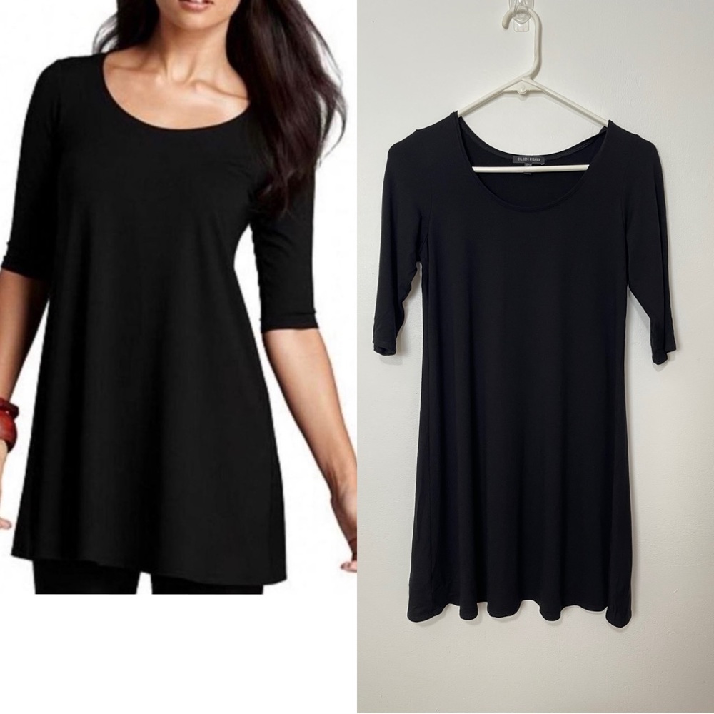Womens Eileen Fisher 3/4 Sleeve Casual Black Mini Shirt Dress Size XS